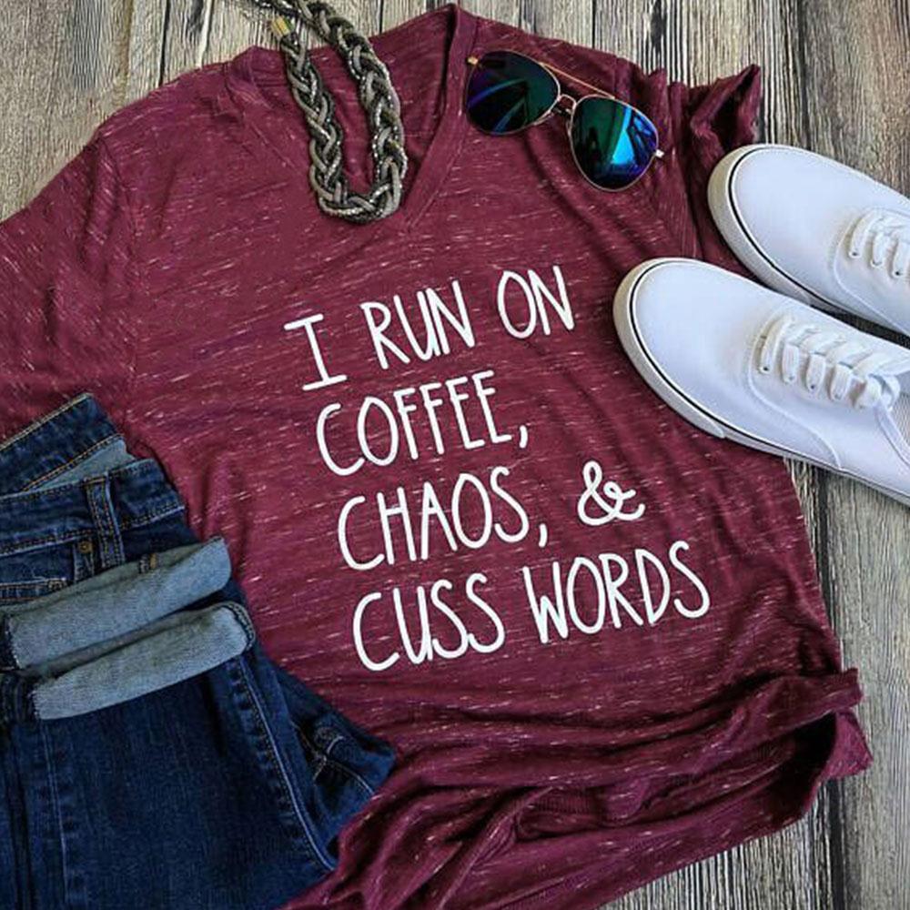 "Coffee Chaos & Cuss Words" V-Neck Short Sleeve Top